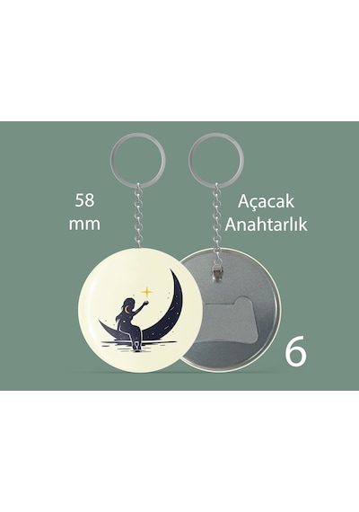58 Mm Buton Açacaklı Anahtarlık Yuvarlak Baskılı Anahtarlık Ay Sandallı Kadın Çok Renkli