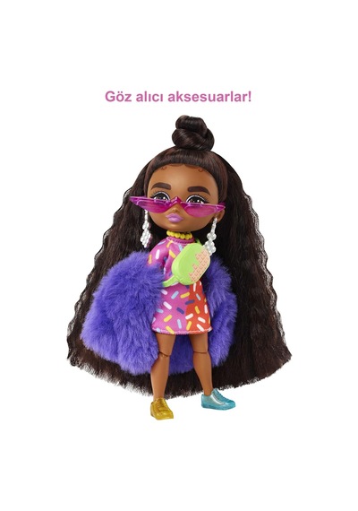 Barbie Extra Mini Bebekler 14 Cm , Mavi Ceketli, Koyu Renk Saçlı