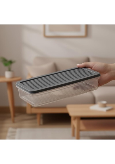 3 Lü Slim Buzdolabı Ve Derin Dondurucu Saklama Kabı Seti, 1 Büyük 28cm Ve 2 Küçük 27cm İnce Uzun Erzak Kutusu, Gri Ve Beyaz Kapaklı Mutfak Düzenleyici Gr İ- 3lü Set