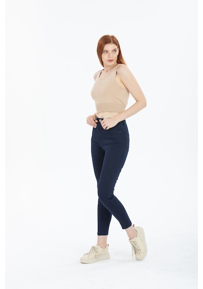Koyu Mavi Yüksek Bel Toparlayıcı Dar Paça Skinny Power Likralı Kot Pantalon Koyu Mavi