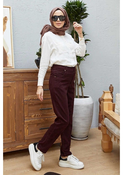 1146-Yüksek Belli Dar Paça Pantolon Bordo Çok Renkli