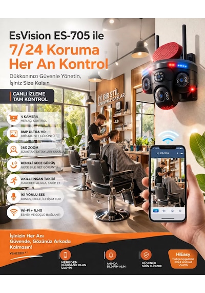Esvision Es-705 4k 4 Lensli Akıllı Güvenlik Kamerası Hieasy Wifi Gece Görüş Sesli Kişi Takibi