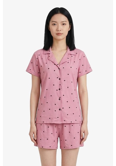 Cottonhill Pembe Kalp Desenli Yumuşak Dokulu Gömlek Yaka Kadın Şortlu Pijama Takımı Gül Pembe