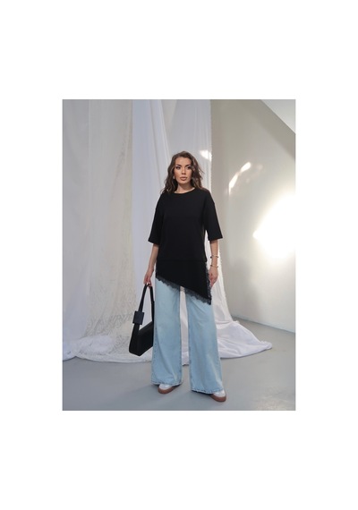 Paw Garage Kadın Elora İnterlok Kumaş Eteği Dantel Detaylı Oversize T-shirt Siyah