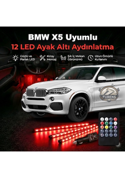 Bmw X5 Uyumlu Rgb Ayak Altı Led 12 Led Kumandalı Müzik Duyarlı Araç İçi Aydınlatma 7 Renk 12v 1
