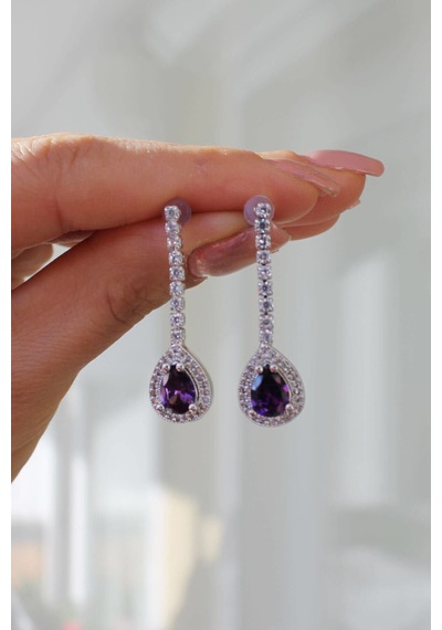 Niki Aksesuar Mor Damla Taşlı Diamond Model Küpe Mor