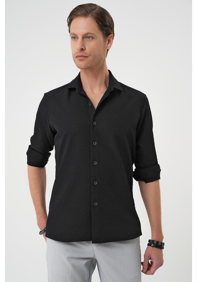 Efor Slim Fit Gofre Kumaş Desenli Kısa Kol Siyah Gömlek G 1592 Siyah