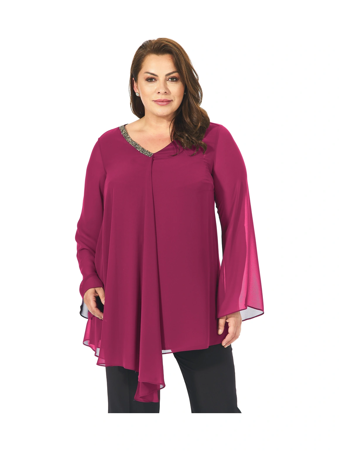Lilas Xxl Büyük Beden Fuşya Renkli Şifon Abiye Bluz Fuşya