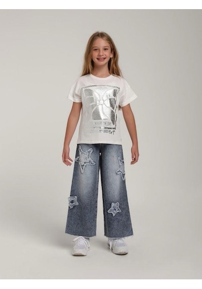 Escabel Kız Çocuk Pamuklu Gümüş Varak Desenli Tasarım T-shirt-15616 Beyaz