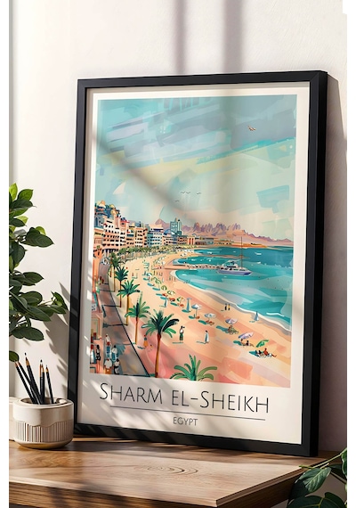 Mısır Sharm El-sheikh Temalı Çerçeveli Tablo Travel Serisi Modern İllüstrasyon Duvar Dekoru Siyah