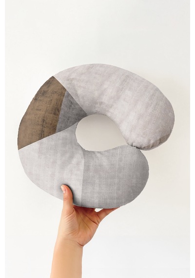 Modern Geometrik Desenli Ergonomik Boyun Yastığı - Soyut Minimal Bej Gri Kahve Seyahat Yastığı Soluk Yağmur Duman