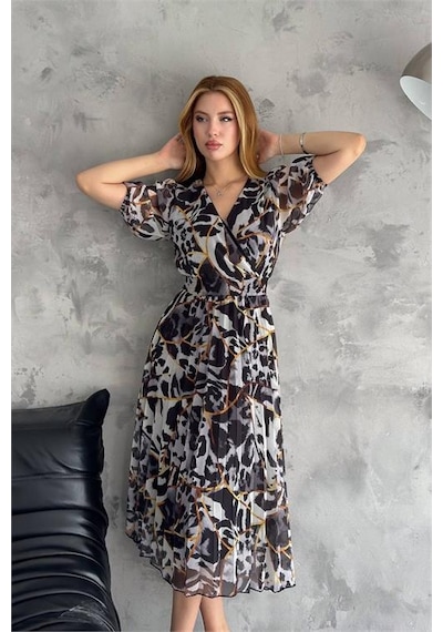 Neşeli Butik Kadın Siyah Kruvaze Yaka Desenli Şifon Elbise Nbq001 Siyah
