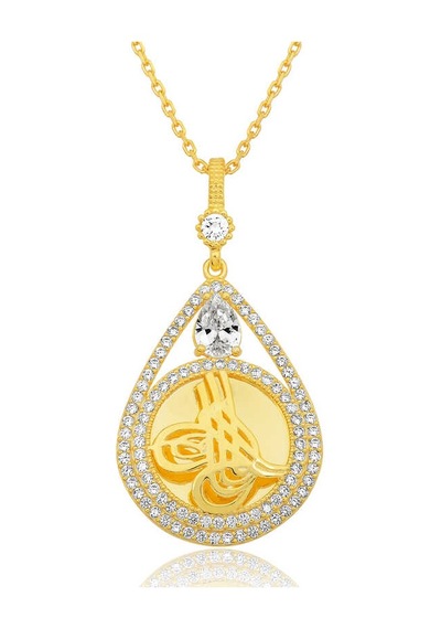 Gümüş Gold Kaplama Damla Tuğralı Kadın Kolye Beyaz