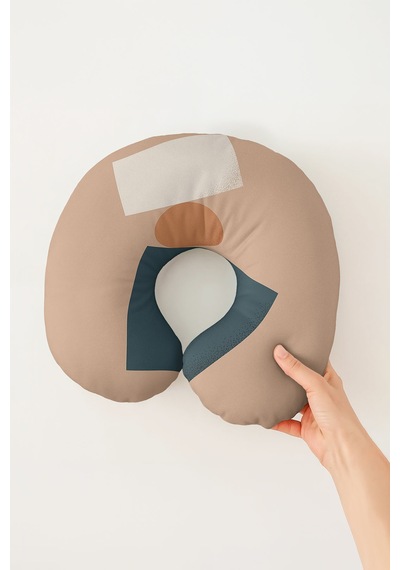 Soyut Geometrik Desenli Ergonomik Boyun Yastığı - Modern Minimal Bej Lacivert Seyahat Yastığı Sedefli Gece Mercan