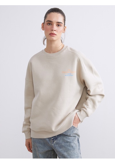 Lcw Vision Bej Baskılı Oversize Kadın Kalın Sweatshirt