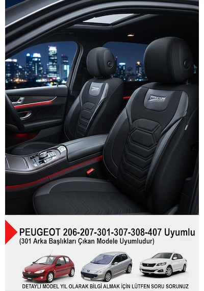 Titanyum Serisi Lüks Keten Oto Koltuk Kılıfı- Peugeot 206-207-208-306-307-407- Uyumlu Siyah