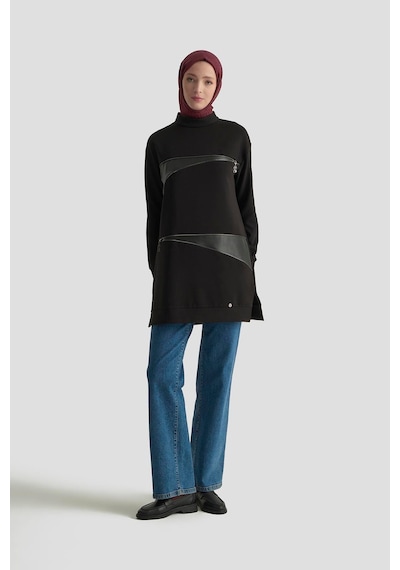 Armine Trend Deri Ve Fermuar Detaylı Fitilli Tunik Siyah 25kt452 Siyah