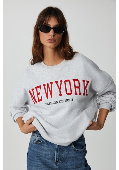 Ethıquet JORDIN Kadın Uzun Kollu Yuvarlak Yaka Önü Aplike Nakışlı Düşük Omuz Oversize Grimelanj Sweatshirt