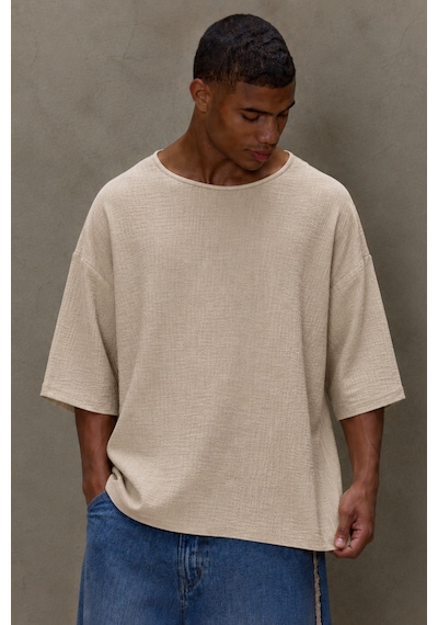 Tarz Cool Erkek Oversize Keten Görünümlü Basic Tişört Salaş Kesim Bisiklet Yaka Günlük Streetwear T-shirt Bej