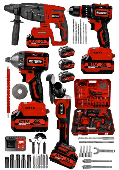 Steiner 21v Darbeli Kömürsüz Kırıcı Delici Hilti & Taşlama & Matkap & Somun Sıkma Sökme 4'lü Set Kırmızı
