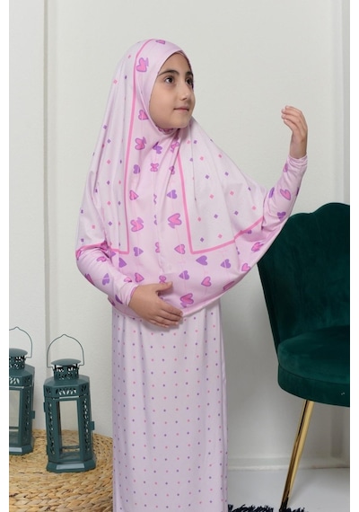 Çocuk Namaz Takımı Pratik İki Parça Desenli Kollu Tak Çıkar Başörtülü Likralı Tesettür Elbise 6-12 Yaş 901-0201