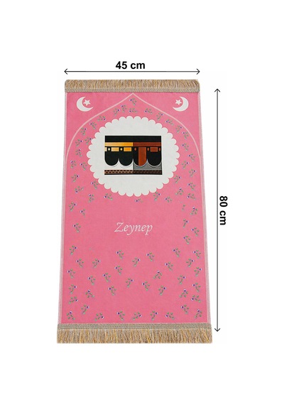 Çantalı Kız Çocuk İbadet Seti Pembe Kabe Motifli İsimli Seccade Orta Boy Kuranı Kerim Tesbihli