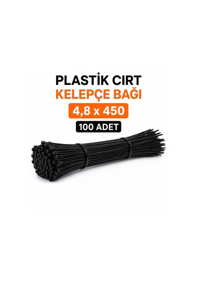100 Adet Kablo Bağı Plastik Cırt Kelepçe 4,8x450 Mm Siyah Dayanıklı Güçlü Sabitleme Bağı Genel