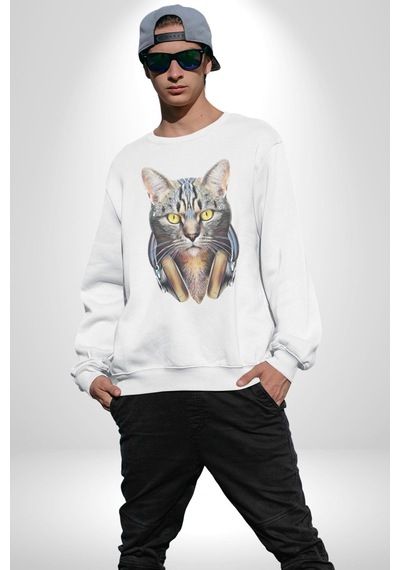 Kulaklık Kedi Unisex Beyaz Baskılı Sweatshirt Beyaz