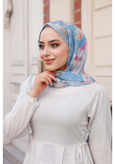 Mimiyum Papatya Desen Nayf İpek Şal Mavi