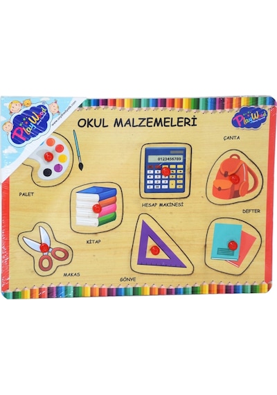 Ahşap Tutmalı Okul Malzemeleri Puzzle.