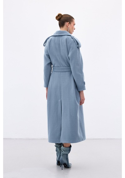 Sateen Geniş Yaka Uzun Kaban - Mavi-136668 Mavi
