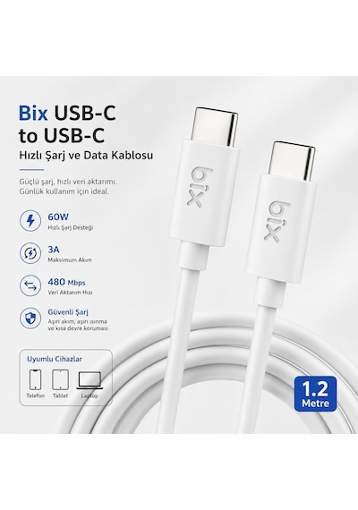 Bx-uc02c 60w Type-c To Type-c Hızlı Şarj Ve Data Kablosu 1.2 Metre Beyaz Standart