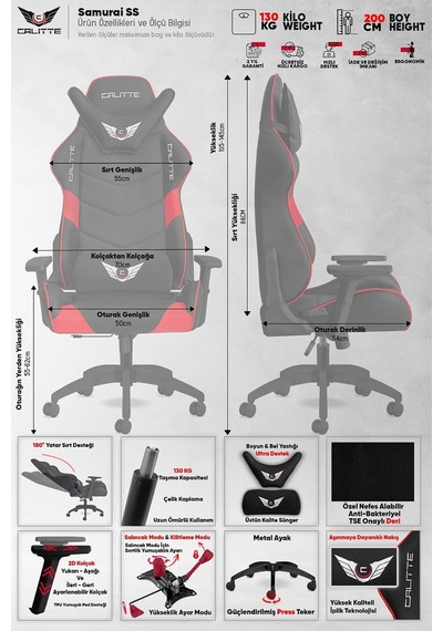 Samurai Ss Oyuncu Koltuğu Premium Pu Deri Gaming Koltuk Deri, Kırmızı Çok Renkli