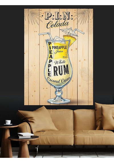 Ahşap Tablo Pina Colada Rom Kokteyli Afişi