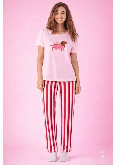 Koza İç Giyim Kadın Pamuklu Renkli Köpek Baskılı Örme Pijama Takımı Kk30127 Pembe
