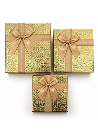 3pcs Kare Parlak Mix Renkli - Kabartma Desen Karton Hediye Kutusu Kurdelalı 19-17-15cm 5523