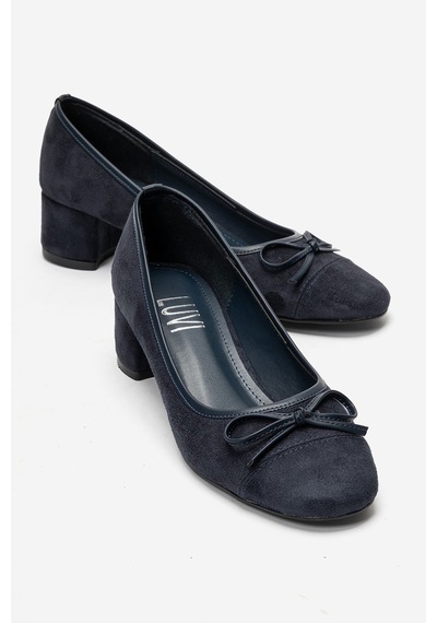 Luvi Shoes Leslıe Lacivert Süet Fiyonklu Kadın Kalın Topuklu Ayakkabı