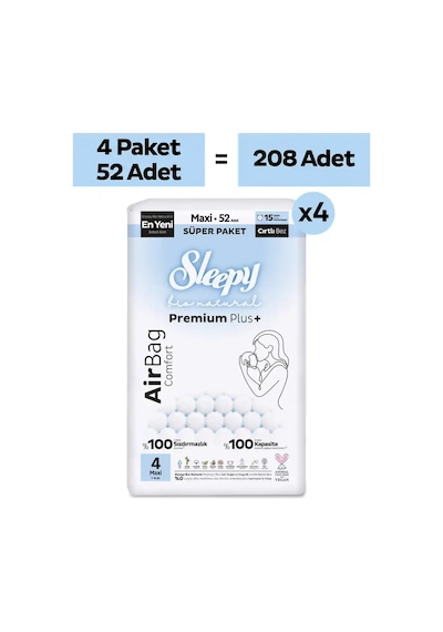 Sleepy Bio Natural Premium Plus Airbag Comfort Ultra Paket Bebek Bezi 4 Numara Maxi 208 Adet