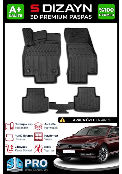 S-dizayn Volkswagen Passat B8 3d Pro Havuzlu Paspas 2015-2019 A+ Kalite