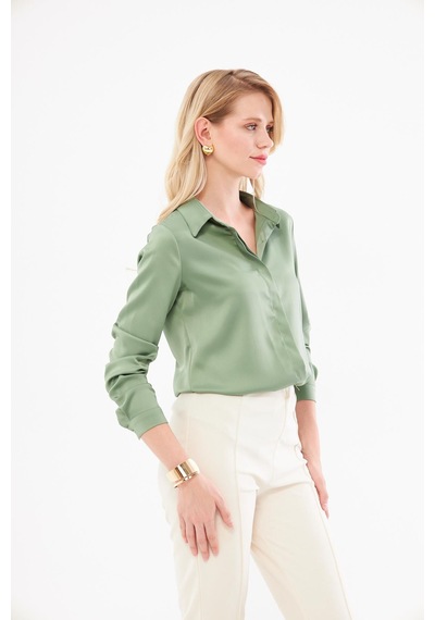 Lovelf Klasik Saten Gömlek Mint Yeşili Mint Yeşili