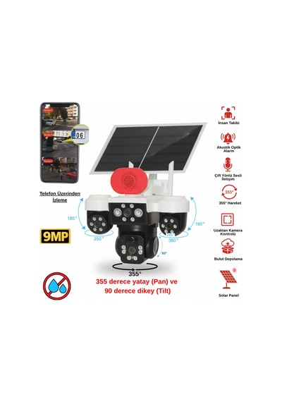 Apronx 9mp Solar Ptz Kamera 3 Lens Üçlü Görüş Wi-fi Kamera Şarjlı & Akıllı Güvenlik Sistemi