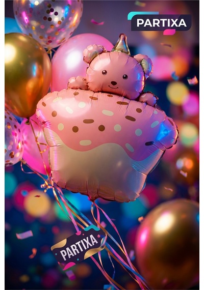 Ayıcık Figürlü Pembe Retro Cupcake Folyo Balon Baby Shower Doğum Günü Parti Süsü Çok Renkli