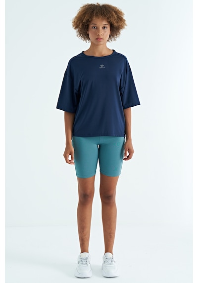 Tommy Life İndigo O Yaka Baskı Detaylı Oversize Kısa Kol Kadın T-shirt - 97263 Indigo