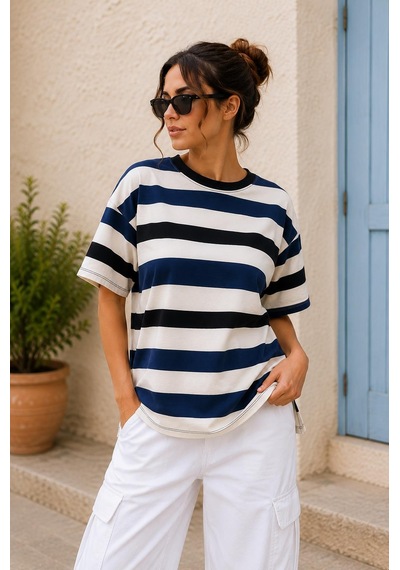 Alexandergardi Çizgili Oversize T-shirt Lacivert - Beyaz