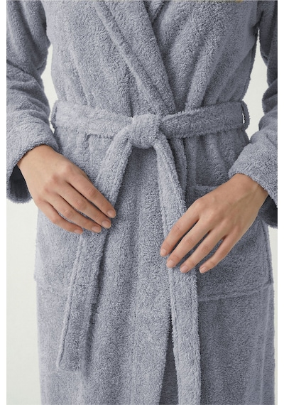 %100 Pamuklu Unisex Bornoz Şalyaka Cepli Büyük Beden 3xl 4xl Erkek Kadın Bornoz Gri
