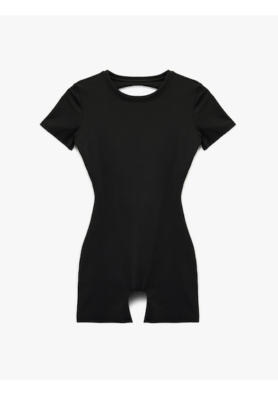 Koton Slim Fit Kısa Kollu Sırtı Pencere Detaylı Spor Tulum Siyah 6wak30146nk