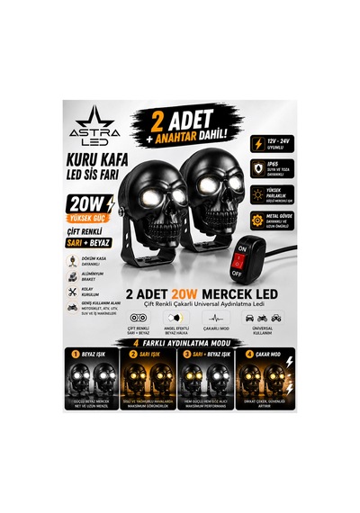 2 Adet Açma Kapama Anahtarlı Siyah Kuru Kafa Atv Utv Scooter Motosiklet Led Spot Far Sürüş Sis Gidon Lambası