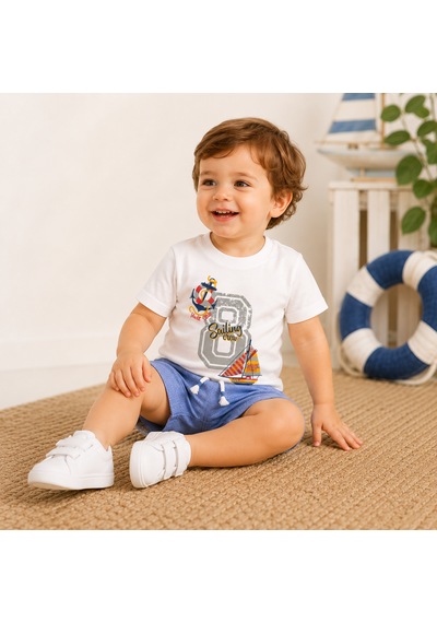 Tucankids Erkek Bebek Beyaz Baskılı Mavi Şortlu İkili Takım %100 Pamuk Ekru - Mavi
