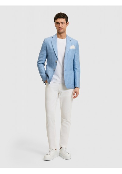 Cacharel Mavi Slim Fit Yün Keten Karışımlı Mikro Desen Mono Yaka Ceket
