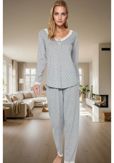Ersefa Rahat Pijama Takımı Pamuklu Örme Puantiyeli Desen Dantel Detay Gü Gri